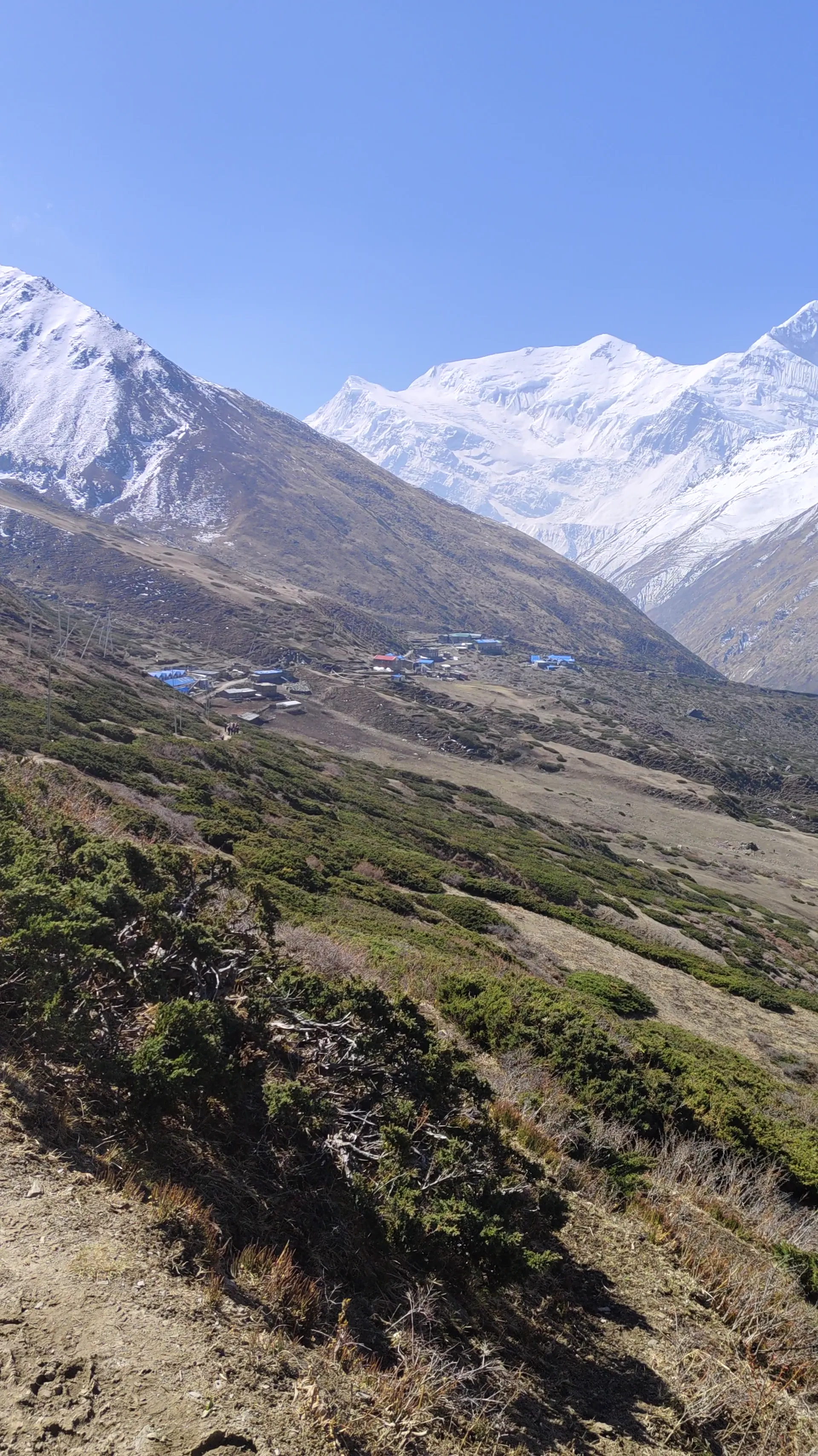 Small blue-roofed settlement on a brown hillside below the Annapurna range