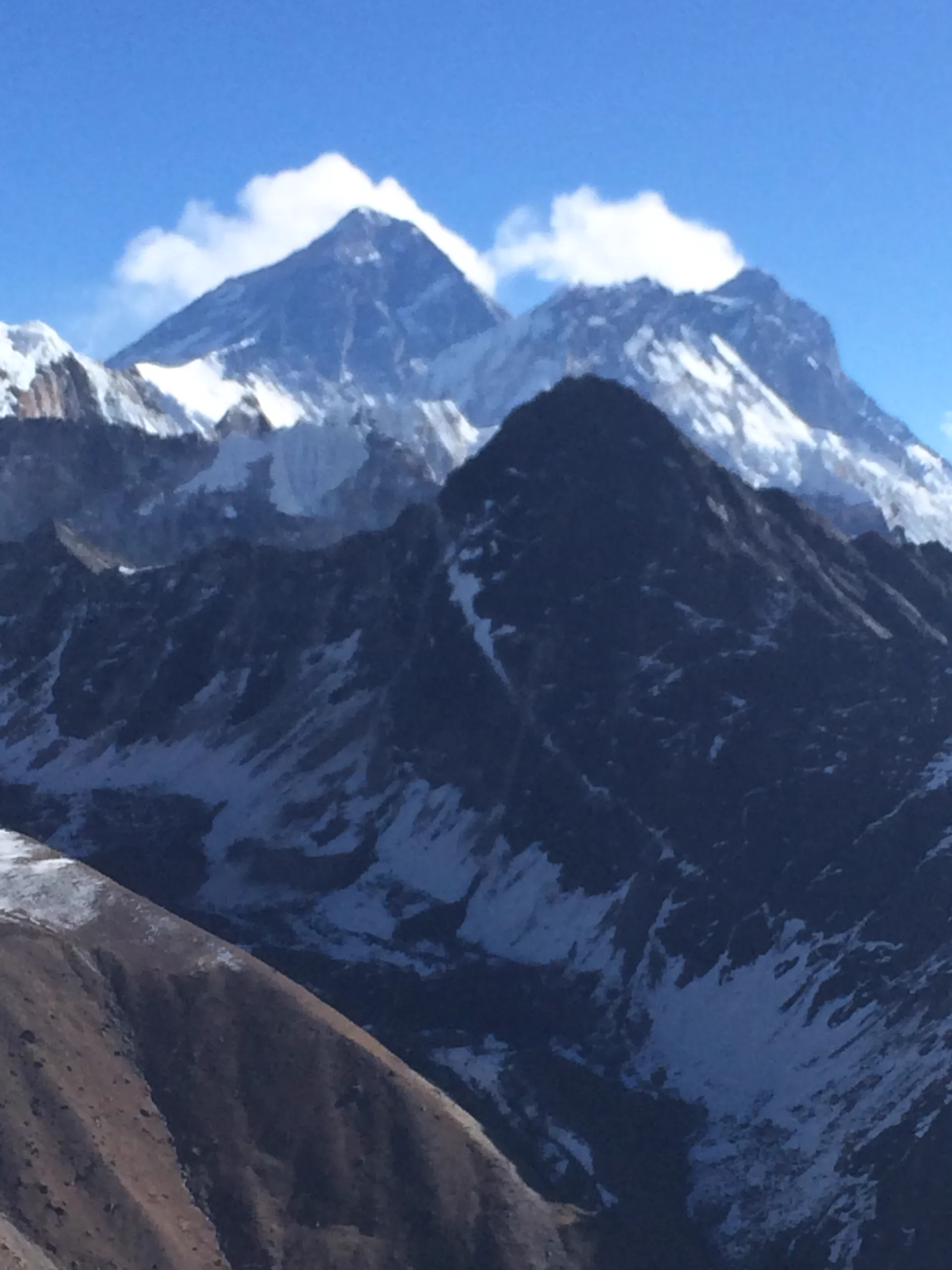 Close-up of Everest and Nuptse summits with cloud wisps from Gokyo Ri