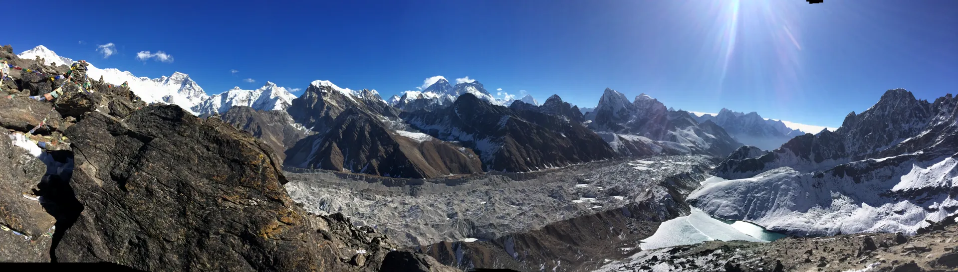 Panorama of Ngozumpa Glacier, frozen lakes, and peaks from Gokyo Ri summit