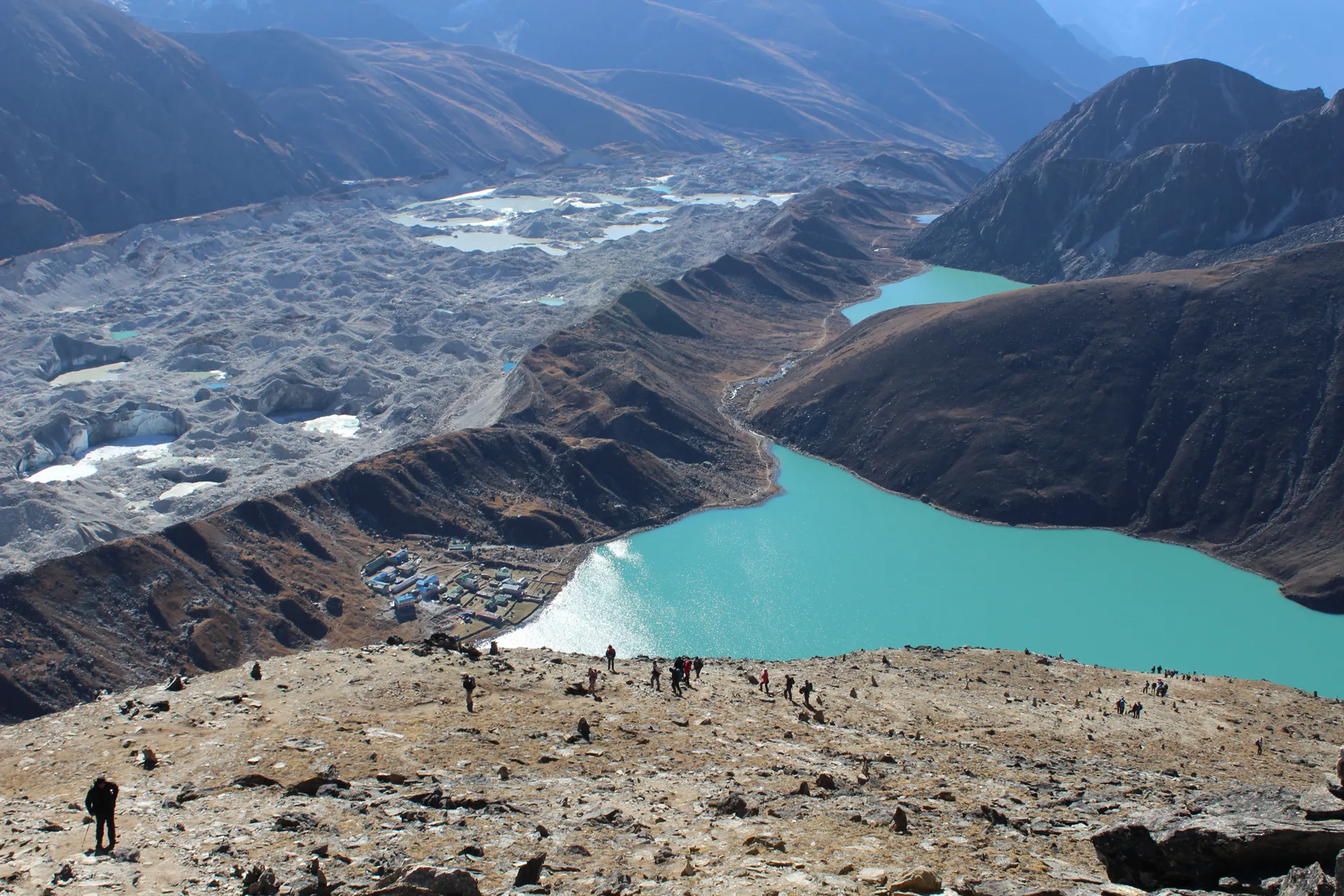 View from Gokyo Ri showing village, two turquoise lakes, and Ngozumpa Glacier