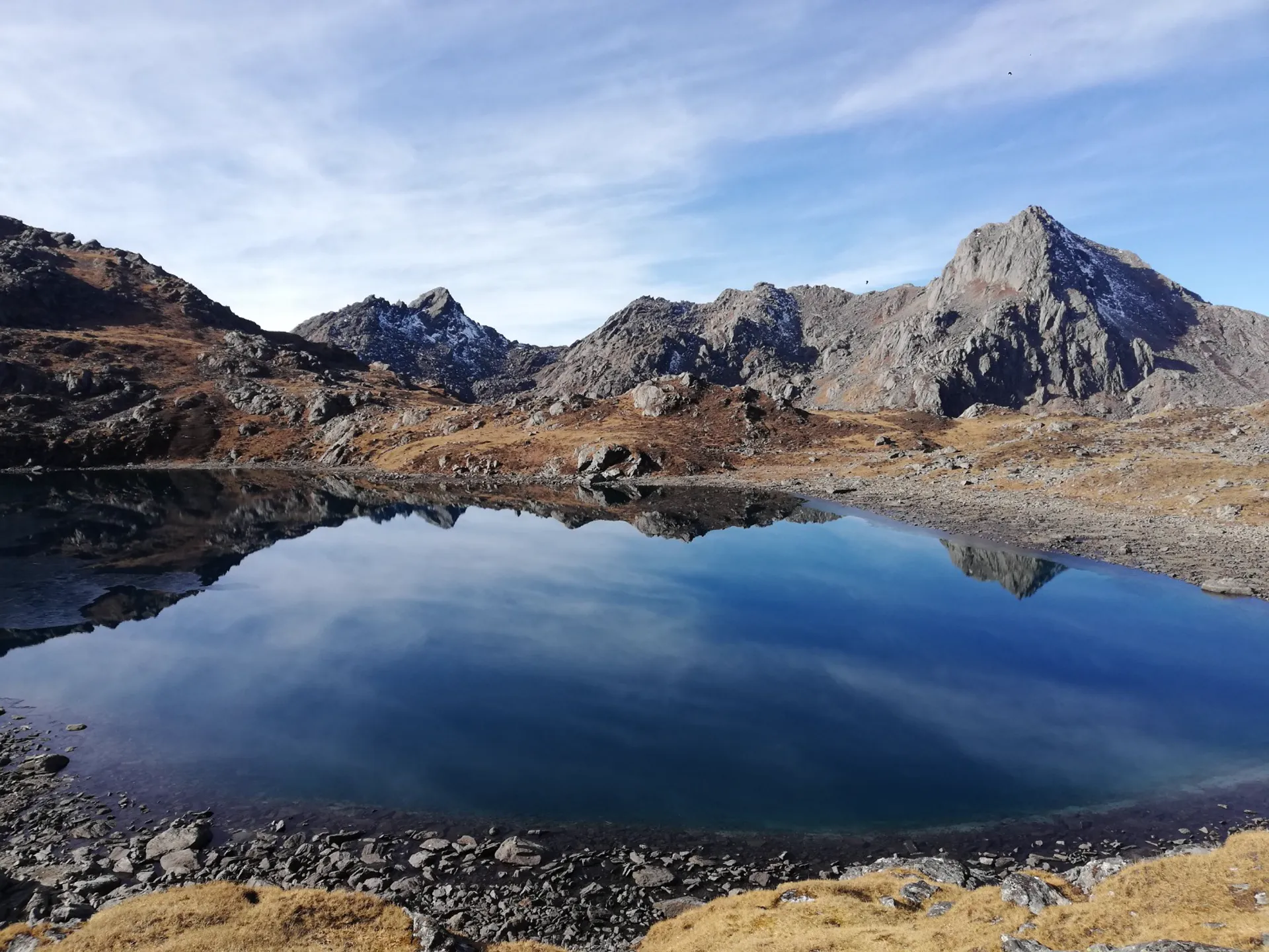Gosaikunda Lake reflecting rocky peaks and sky in still alpine water