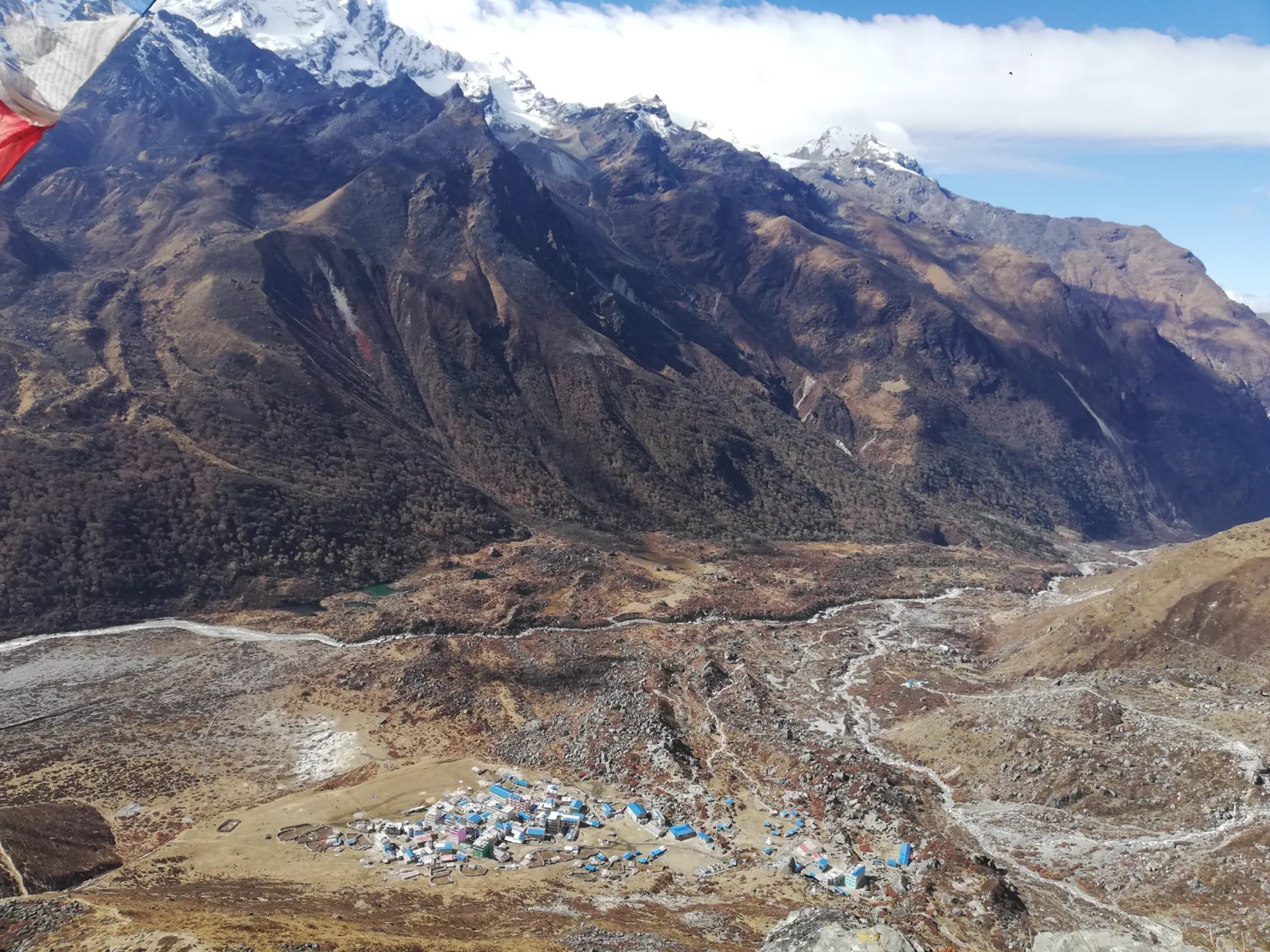 Prayer flags with Kyanjin Gompa settlement and Langtang peaks from above