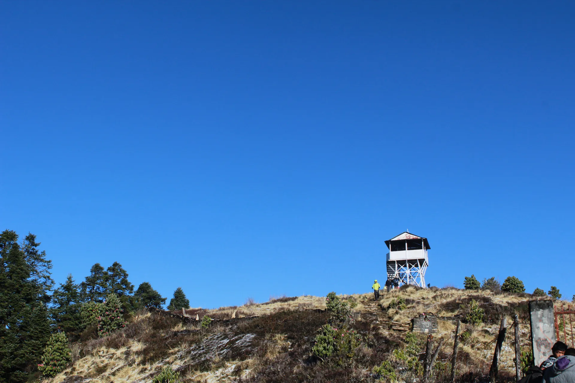 Wooden observation tower at the Poon Hill summit against clear blue sky