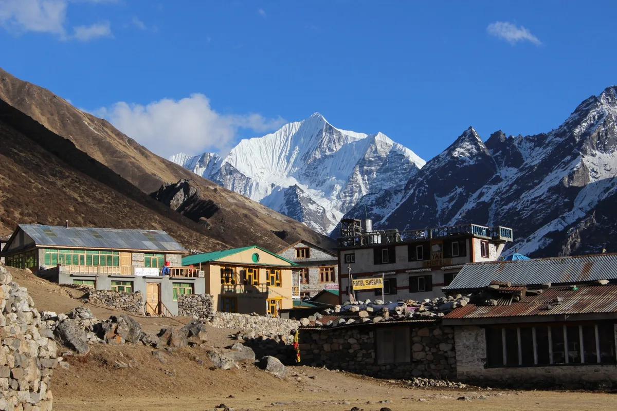 Teahouse village with towering Himalayan peak